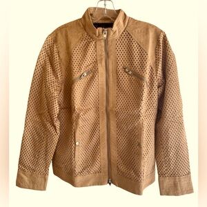 That Woman Jacket Womens Small Tan Perforated Faux Suede Moto Zip Biker Style